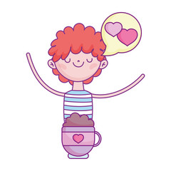 happy valentines day, boy with chocolate cup hearts love