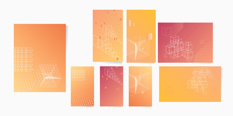 Set cards lines cubes modern geometric abstract background covers. Trendy gradient composition, vector covers design