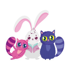 cute rabbit and two cats cartoon character design