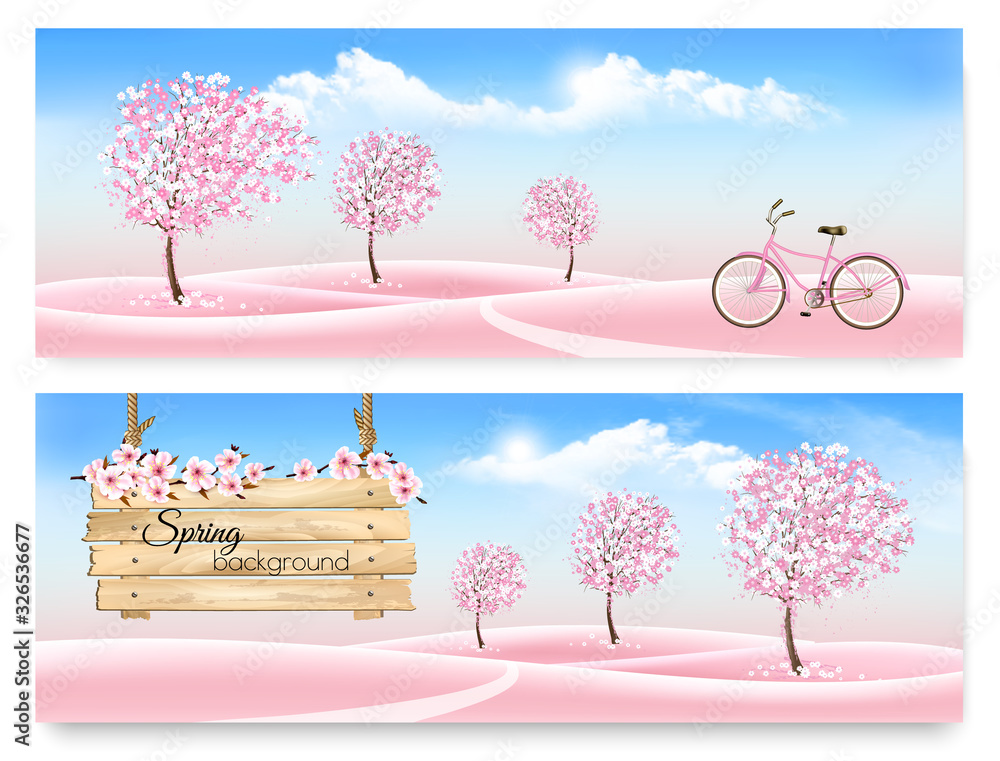 Poster spring nature background with a pink sakura blossom. vector