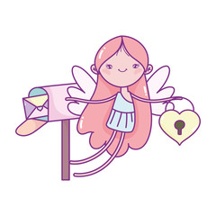 happy valentines day, cupid with heart padlock mailbox envelope cartoon