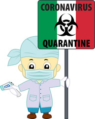 vector italian doctor with non-contact thermometr and biohazard sign	