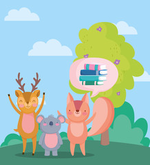 Obraz na płótnie Canvas back to school, squirrel koala deer books bubble tree outdoor cartoon