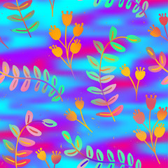 Fototapeta na wymiar Vivid hyper bright over saturated tropical ethereal rainbow foliage design. Seamless repeat raster jpg pattern swatch for textile or surface design. Psychedelic neon gradient ombre colors.