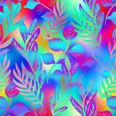 Fototapeta na wymiar Vivid hyper bright over saturated tropical ethereal rainbow foliage design. Seamless repeat raster jpg pattern swatch for textile or surface design. Psychedelic neon gradient ombre colors.