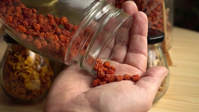 A man shows the structure of dried rowan berries. The offer of healthy homemade nutrition spices and ingredients.  Natural food products of vegan placed in glass jars.