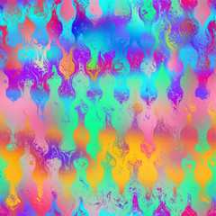 Fototapeta na wymiar Vivid hyper bright over saturated tropical ethereal rainbow design. Seamless repeat raster jpg pattern swatch for textile or surface design. Psychedelic neon gradient ombre colors.