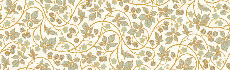 Cotton fabric Floral botanical blackberry vines seamless repeating wallpaper pattern- serene gold and pale turquoise version