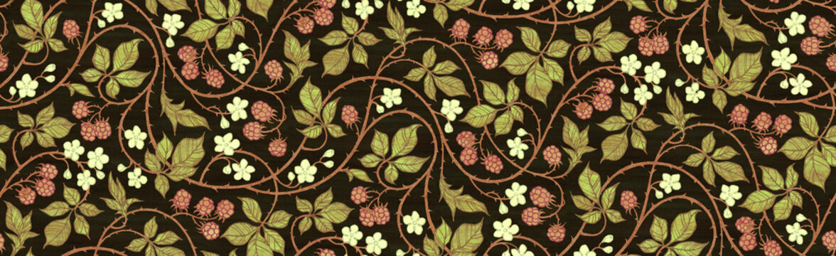 Floral botanical blackberry vines seamless repeating wallpaper pattern- warm yellowed vintage retro version