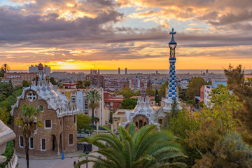 Park Guell at sunrise time in Barcelona, Spain