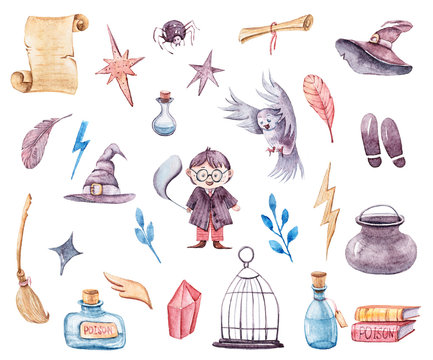 Watercolor hand painted magical wands. Halloween clipart-poison bottles, feather, owl, books, spider, foot steps. Illustration on white background. Can be used for pattern, stickers