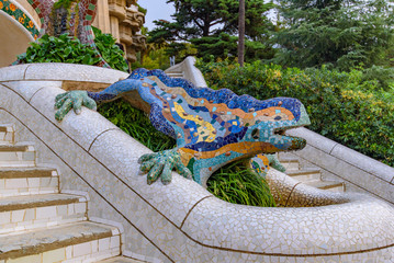 The mosaic lizard sculpture in Park Guell, Barcelona, Spain