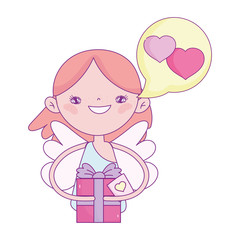 happy valentines day, cupid with gift box speech bubble love hearts