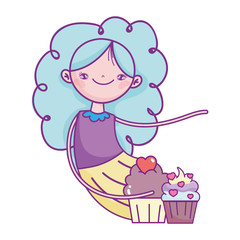 happy valentines day, young woman with sweet cupcakes with hearts