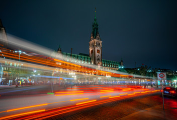 Hamburg City Hall building located in the Altstadt quarter in the city center at the Rathausmarkt square in a beautiful night longexposure