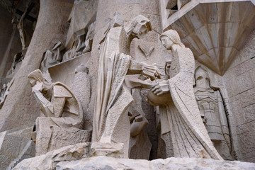 The sculptures on the Passion facade of Sagrada Familia in Barcelona, Spain