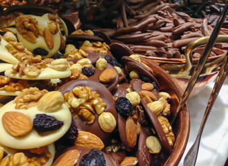 Pans full of chocolates with chestnuts