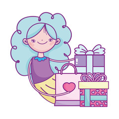 happy valentines day, girl with gifts and shopping bag celebration