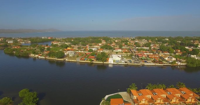 Drone over the Higuerote canals, in Venezuela during the golden hour