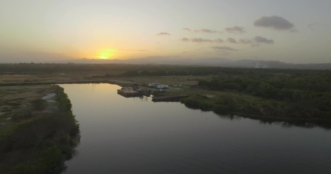 Aerial view of a sunset over the Higuerote Canals, in Venezuela