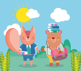 back to school, bear books in head backpack squirrel