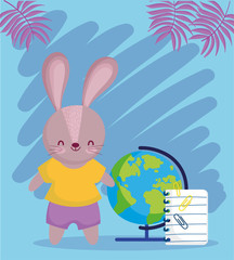 back to school, cute rabbit with globe map and notepad