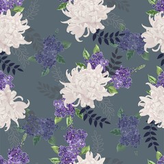 Chrysanthemum and violet flowers  seamless pattern vector illustration