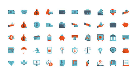 money business financial trade commerce icons set color tone and fill