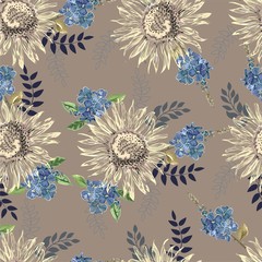 Sunflower and violet flowers  seamless pattern vector illustration