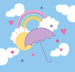 rainbow with sun and umbrella kawaii style