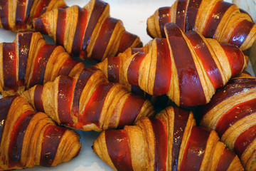 Freshly baked French croissants at a bakery