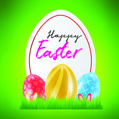 Happy Easter day celebration party. 3D egg with happy easter text in the spring season on a background. for banner, greeting card, social media advertising