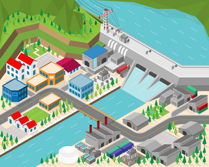 hydro power plant, dam with hydro turbine in isometric graphic