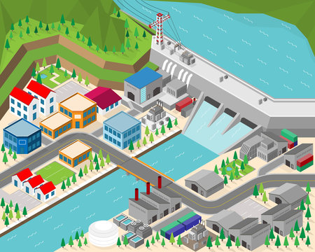 Hydro Power Plant, Dam With Hydro Turbine In Isometric Graphic