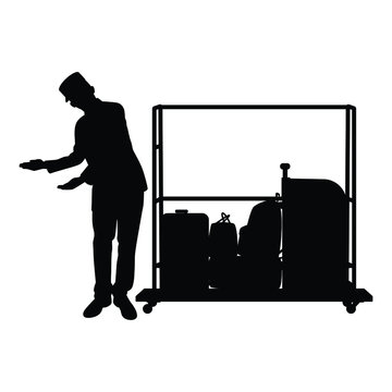 recommend clip art: Male hotel employee and cart silhouette vector, people
