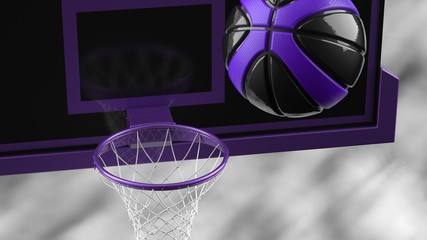 Fototapeta na wymiar Black-Purple Basketball with dark brown toned foggy smoke background. 3D sketch design and illustration. 3D high quality rendering.