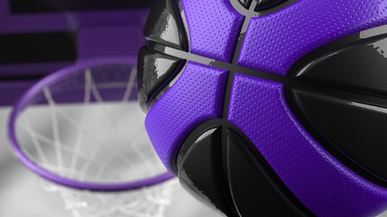 Black-Purple Basketball with dark brown toned foggy smoke background. 3D sketch design and illustration. 3D high quality rendering.