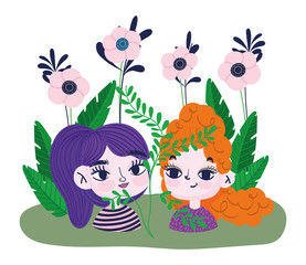 happy girls faces flowers foliage plants botany
