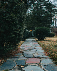 A Multi-Colored Stone Path Leading Up To The Front Door of a Home With Trees and Bushes on the Sides of the Path