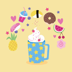 sweet smoothie strawberry and fruits kawaii style