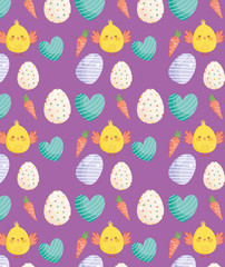 happy easter chickens eggs hearts carrots decoration background
