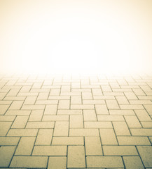 Paver brick floor also call brick paving, paving stone or block paving. Manufactured from concrete or stone for road, path, driveway and patio. Empty floor in perspective view for texture background.