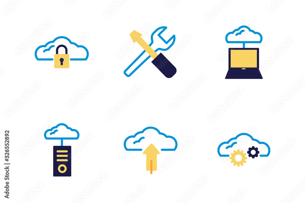 Wall mural bundle of cloud computing lineal colors style icons