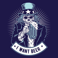 Uncle Sam Skull Holding Glass of Beer