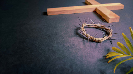 Lent Season,Holy Week and Good Friday concepts - image of wooden cross,crown of thorns and palm...