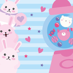 cute little rabbits with candies machine kawaii characters