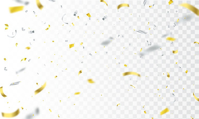 Celebration background template with confetti gray and gold ribbons. luxury greeting rich card.