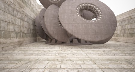 Abstract architectural concrete interior with discs. 3D illustration and rendering.