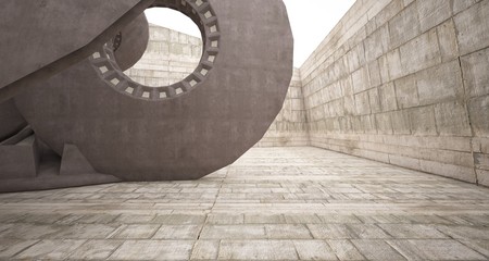Abstract architectural concrete interior with discs. 3D illustration and rendering.