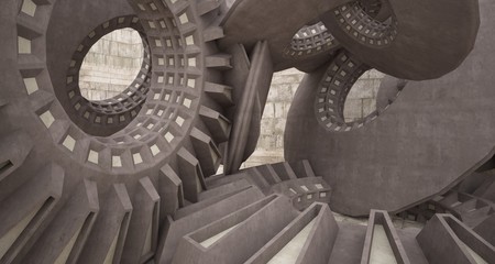 Abstract architectural concrete interior with discs. 3D illustration and rendering.